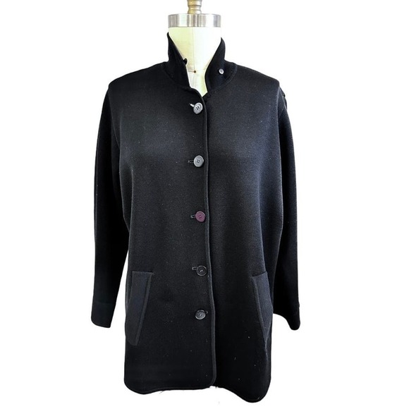 VTG Donna Karan New York Essentials Black Wool Coatigan Sweater Hong Kong Sz S - Picture 1 of 8